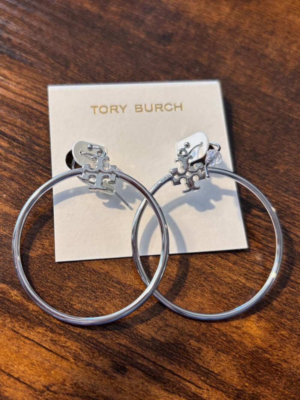 Tory Burch Stacked T Logo Large Hoop Earrings Silver NWT